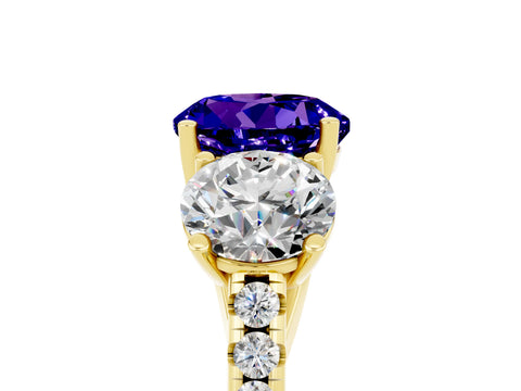 Yellow gold Three-Stone Round Cut Tanzanite Ring with Pavé Band and Prong Setting_17