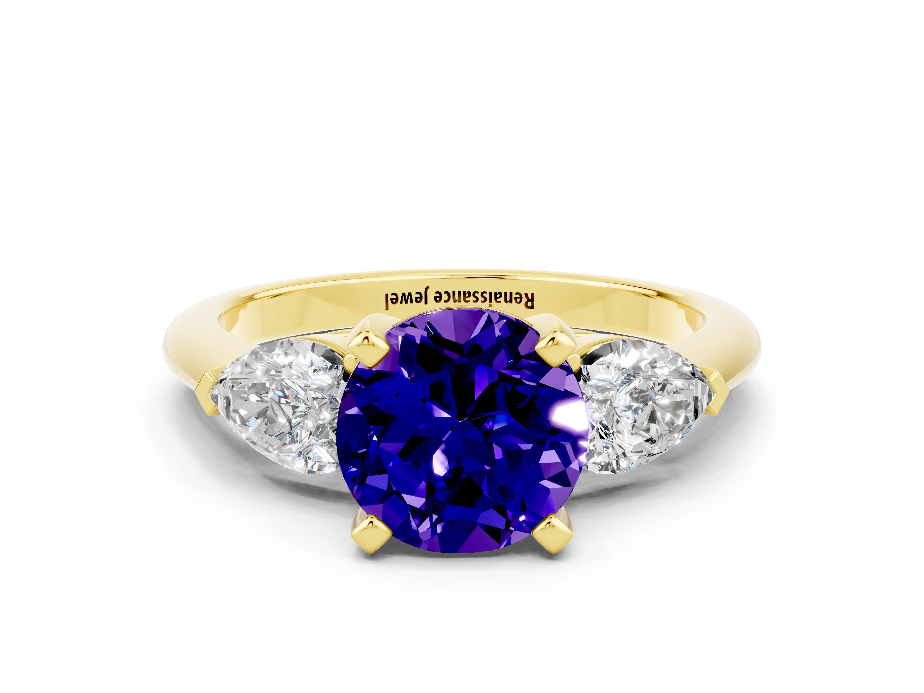Yellow gold Three-Stone Round Cut Tanzanite Ring with Pear Side Stones and Four-Prong Setting