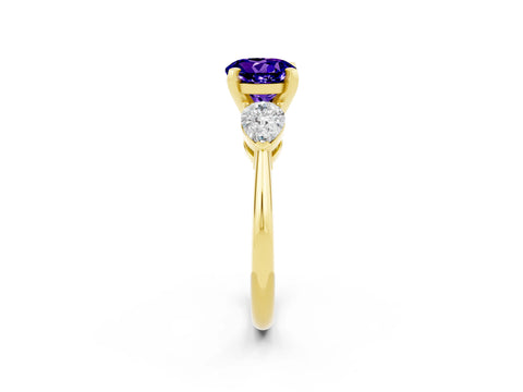 Yellow gold Three-Stone Round Cut Tanzanite Ring with Pear Side Stones and Four-Prong Setting_2