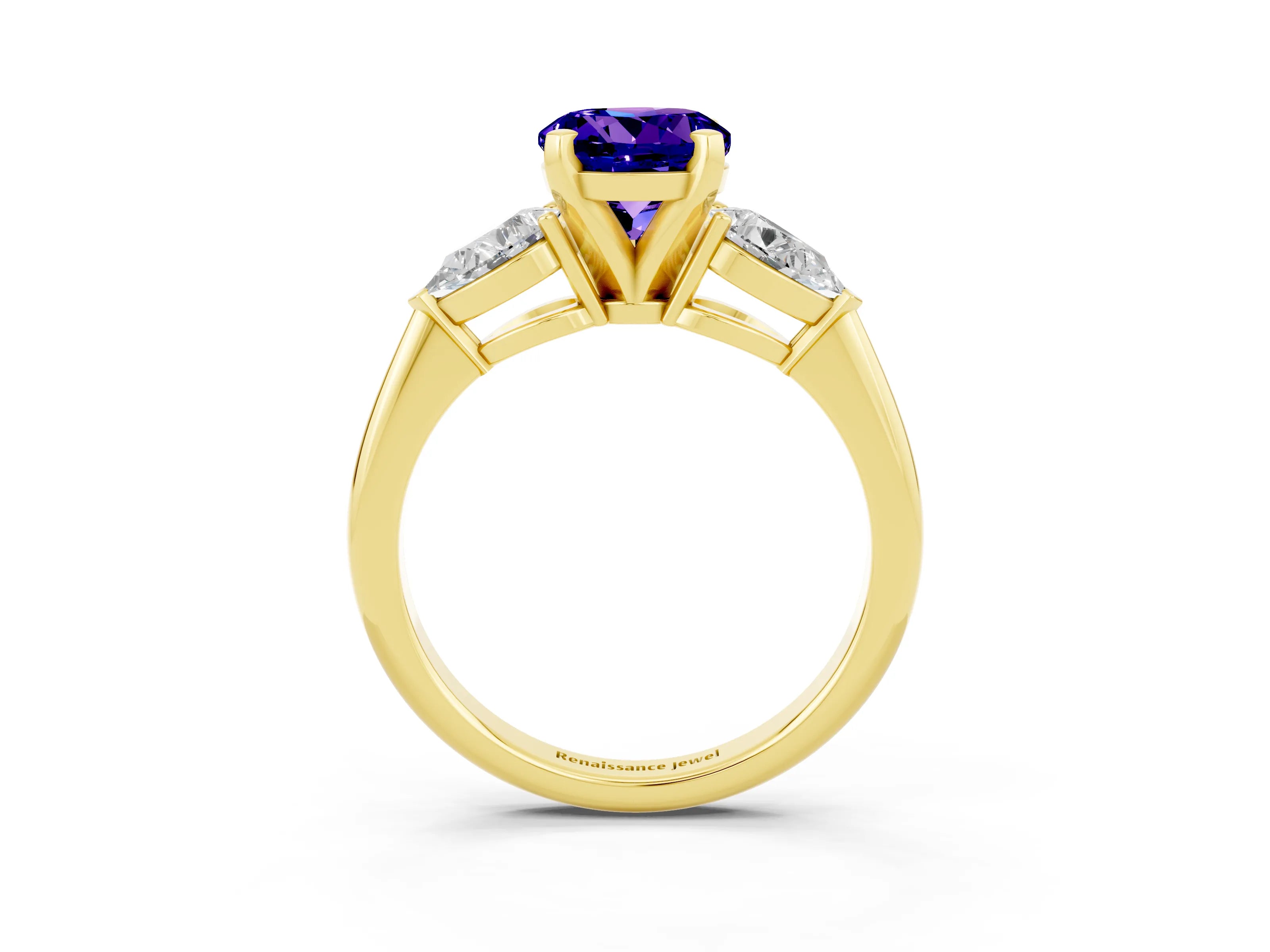 Yellow gold Three-Stone Round Cut Tanzanite Ring with Pear Side Stones and Four-Prong Setting_3