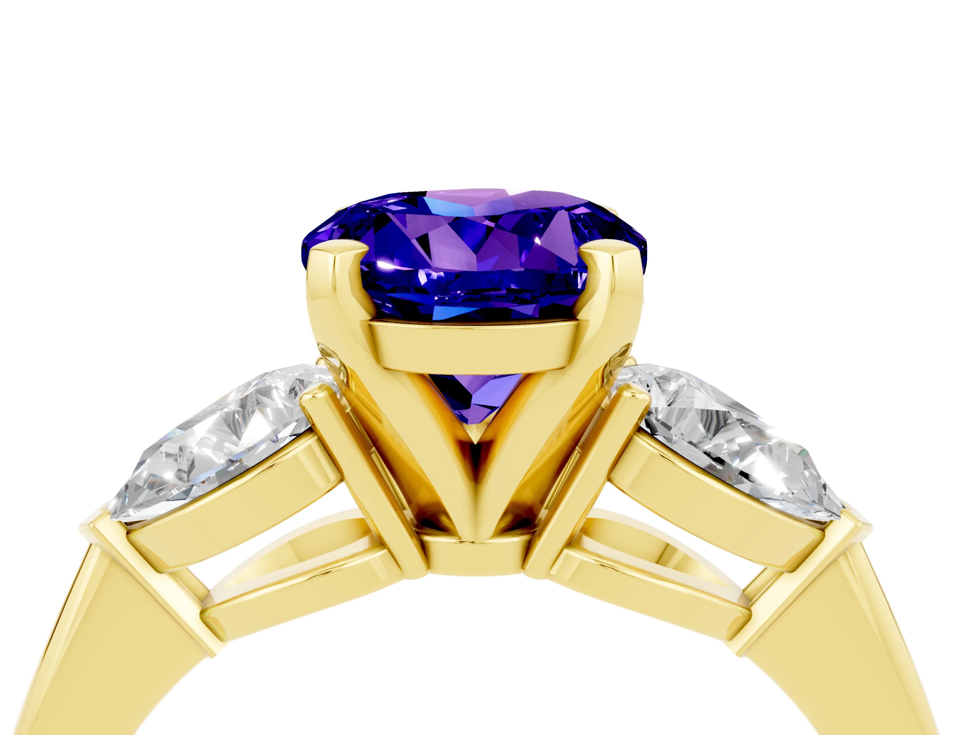 Yellow gold Three-Stone Round Cut Tanzanite Ring with Pear Side Stones and Four-Prong Setting_4