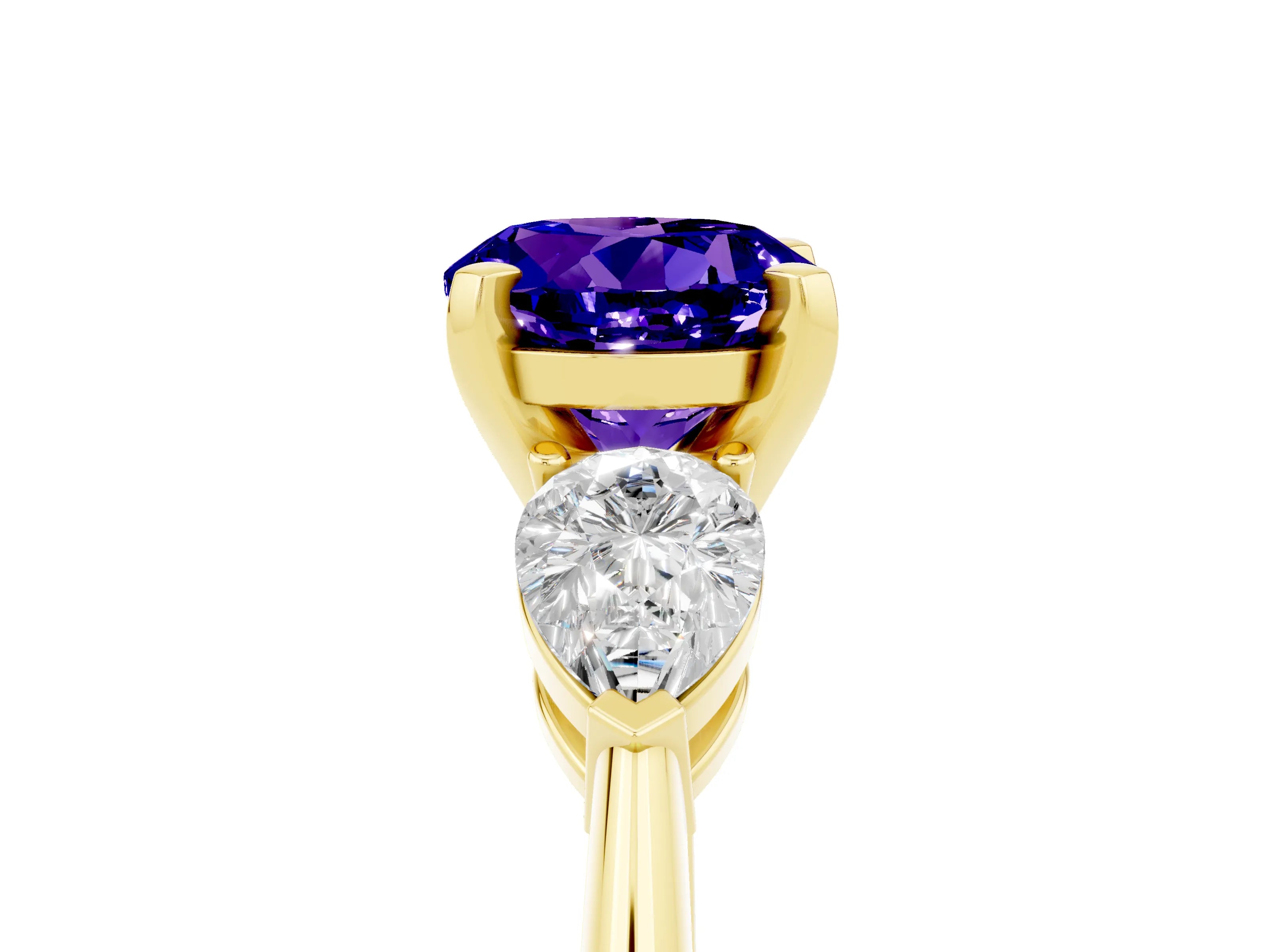 Yellow gold Three-Stone Round Cut Tanzanite Ring with Pear Side Stones and Four-Prong Setting_5
