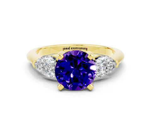 Yellow gold Three-Stone Round Cut Tanzanite Ring with Pear Side Stones and Four-Prong Setting