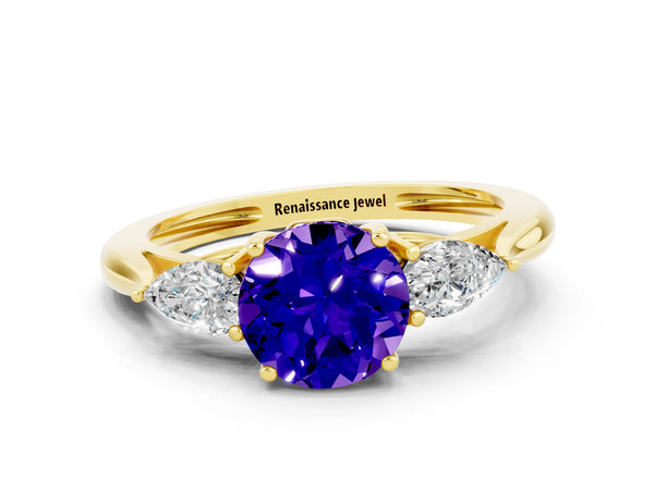 Yellow gold Three-Stone Round Cut Tanzanite Ring with Pear  Side Stones in Four-Prong Setting