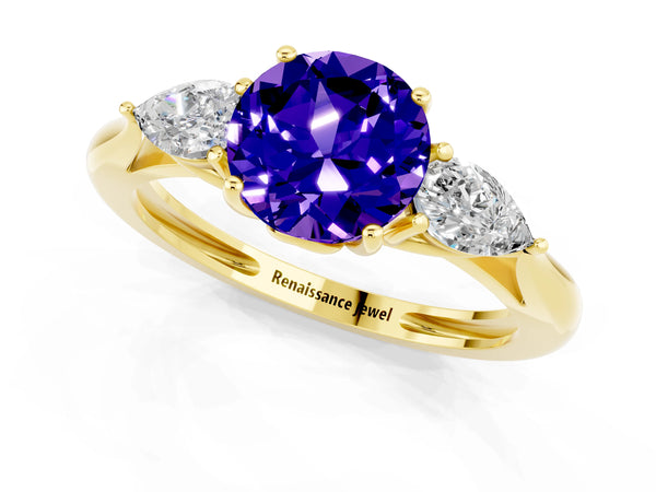 Yellow gold Three-Stone Round Cut Tanzanite Ring with Pear  Side Stones in Four-Prong Setting