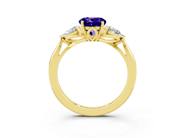 Yellow gold Three-Stone Round Cut Tanzanite Ring with Pear  Side Stones in Four-Prong Setting