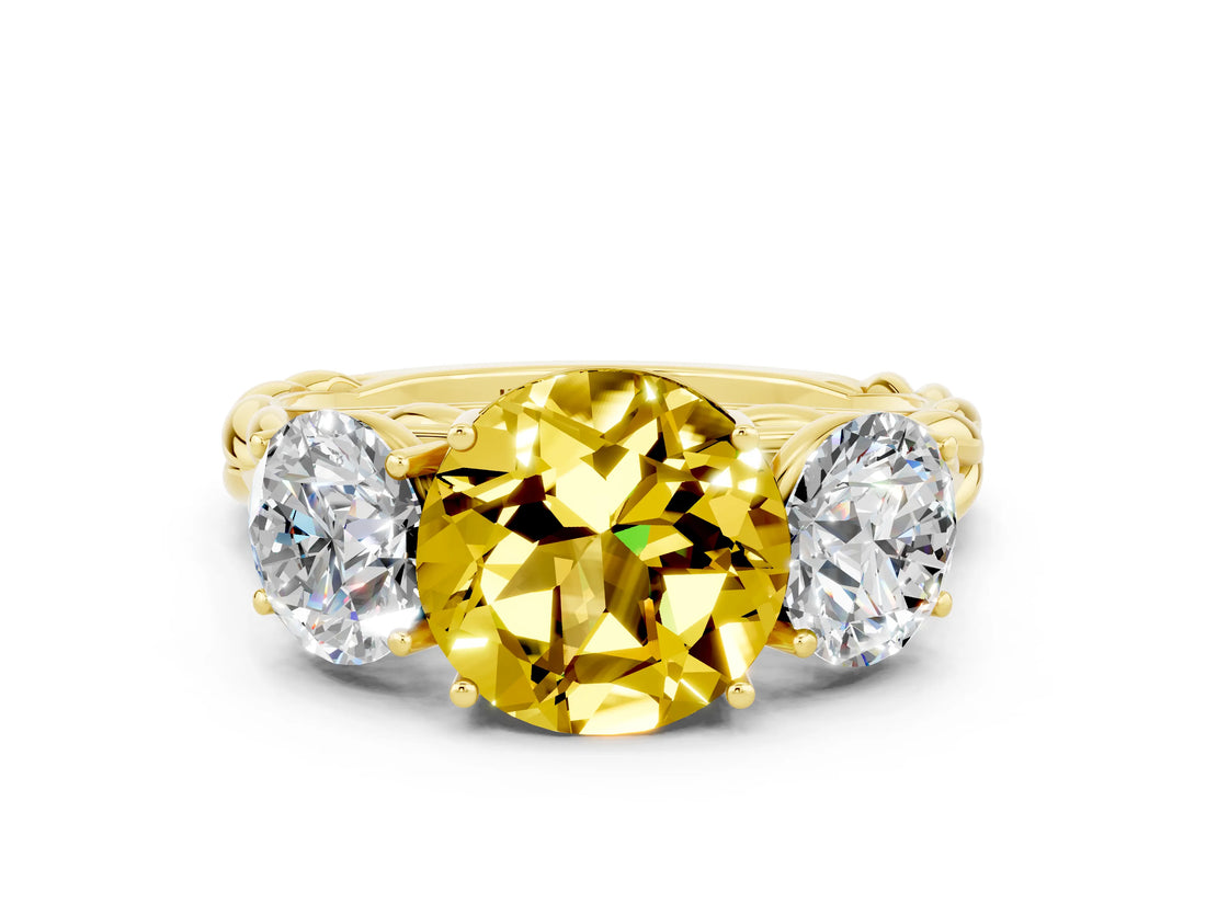 Yellow gold Three-Stone Round Cut Yellow Sapphire Braided Band Ring with Four-Prong Setting_36
