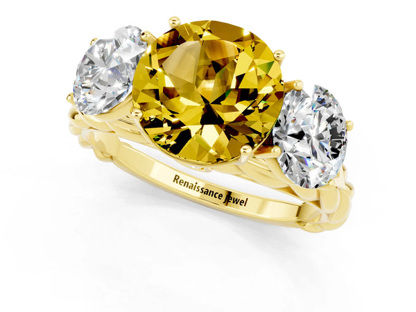 Yellow gold Three-Stone Round Cut Yellow Sapphire Braided Band Ring with Four-Prong Setting