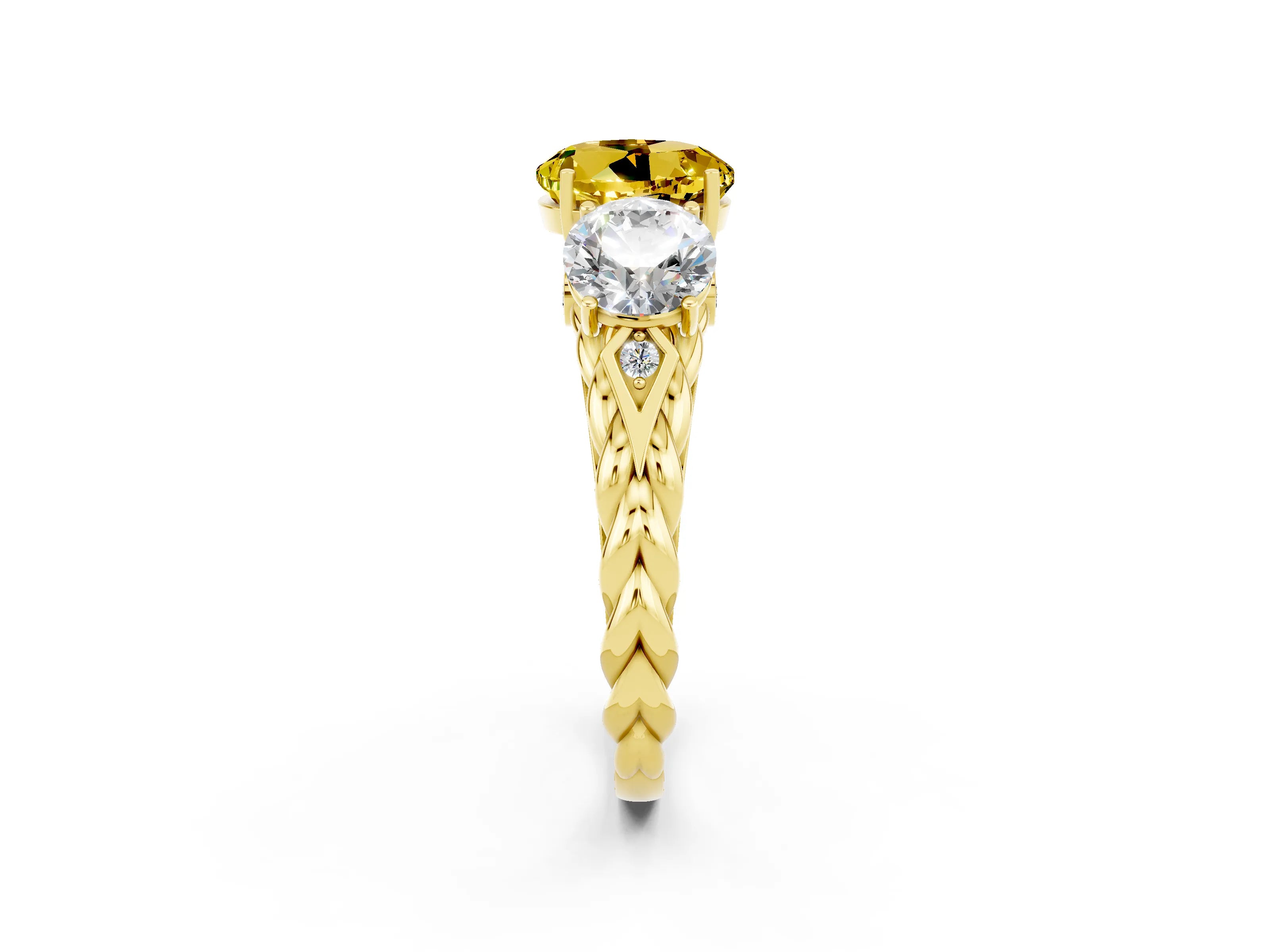Yellow gold Three-Stone Round Cut Yellow Sapphire Braided Band Ring with Four-Prong Setting_38