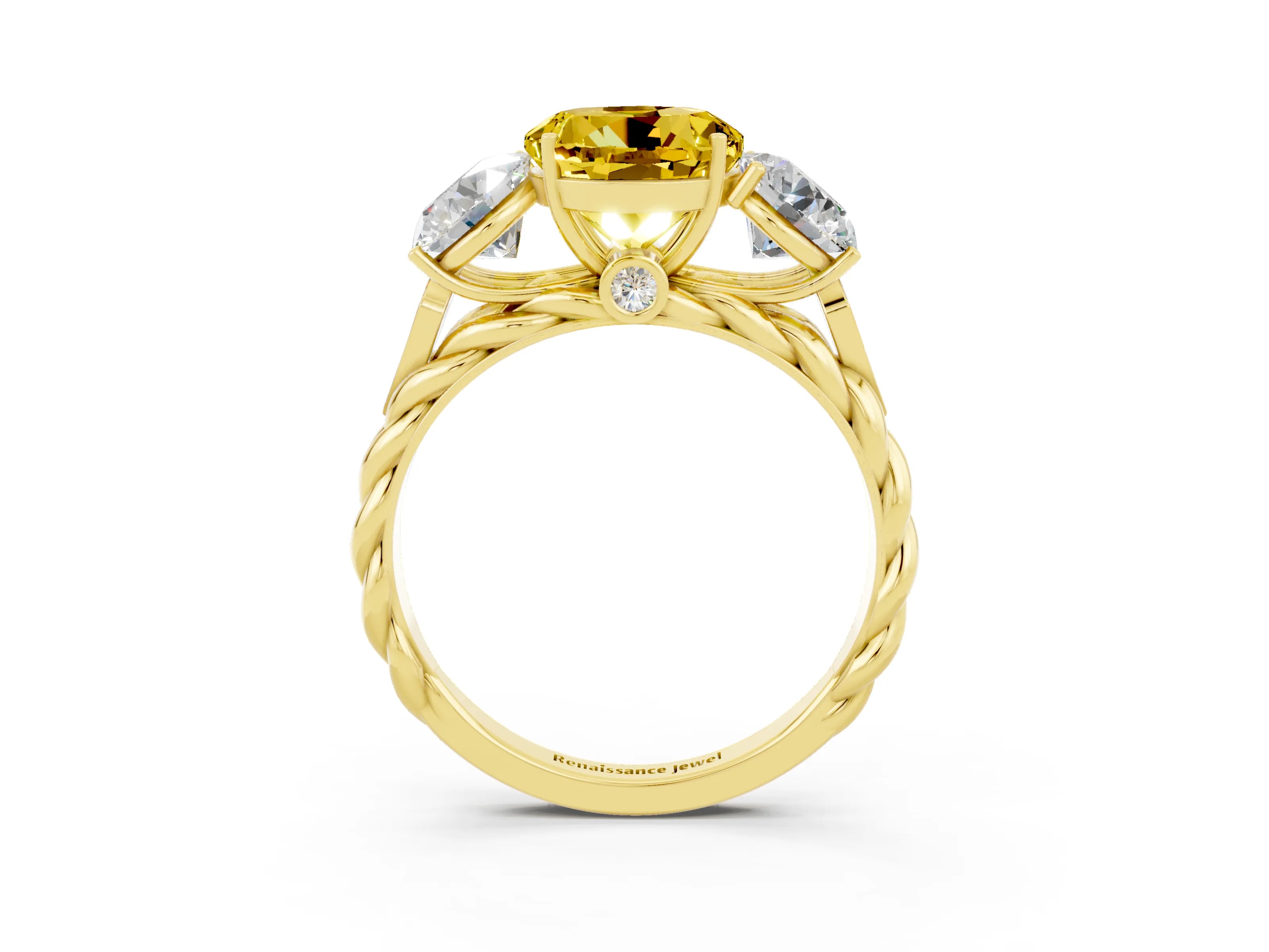 Yellow gold Three-Stone Round Cut Yellow Sapphire Braided Band Ring with Four-Prong Setting_39