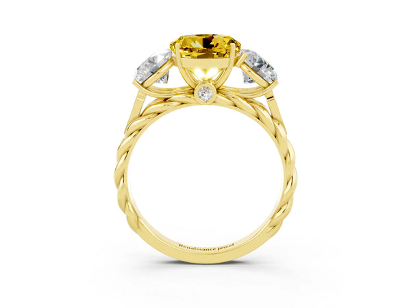 Yellow gold Three-Stone Round Cut Yellow Sapphire Braided Band Ring with Four-Prong Setting