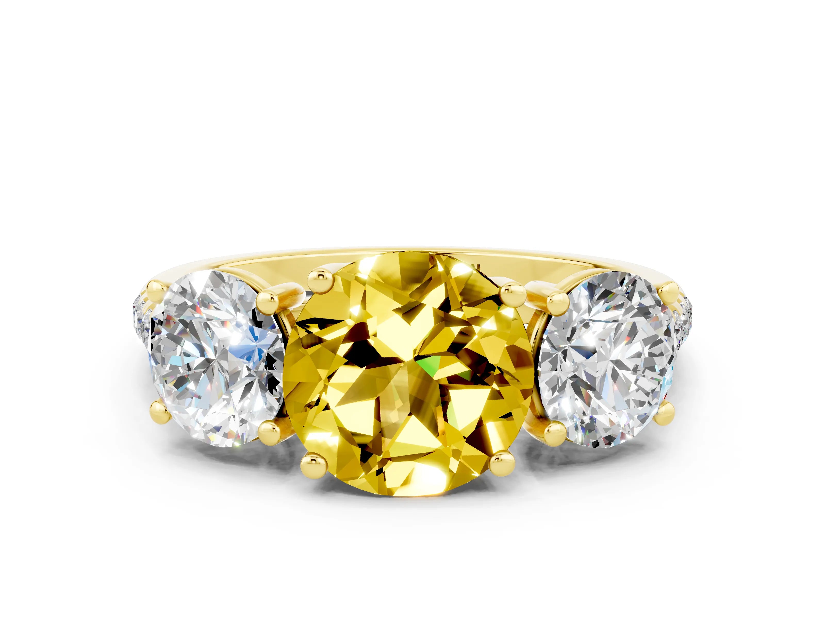 Yellow gold Three-Stone Round Cut Yellow Sapphire Ring with Pavé Band and Prong Setting_36