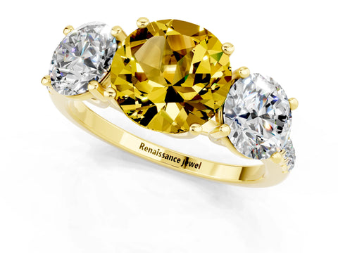 Yellow gold Three-Stone Round Cut Yellow Sapphire Ring with Pavé Band and Prong Setting_37