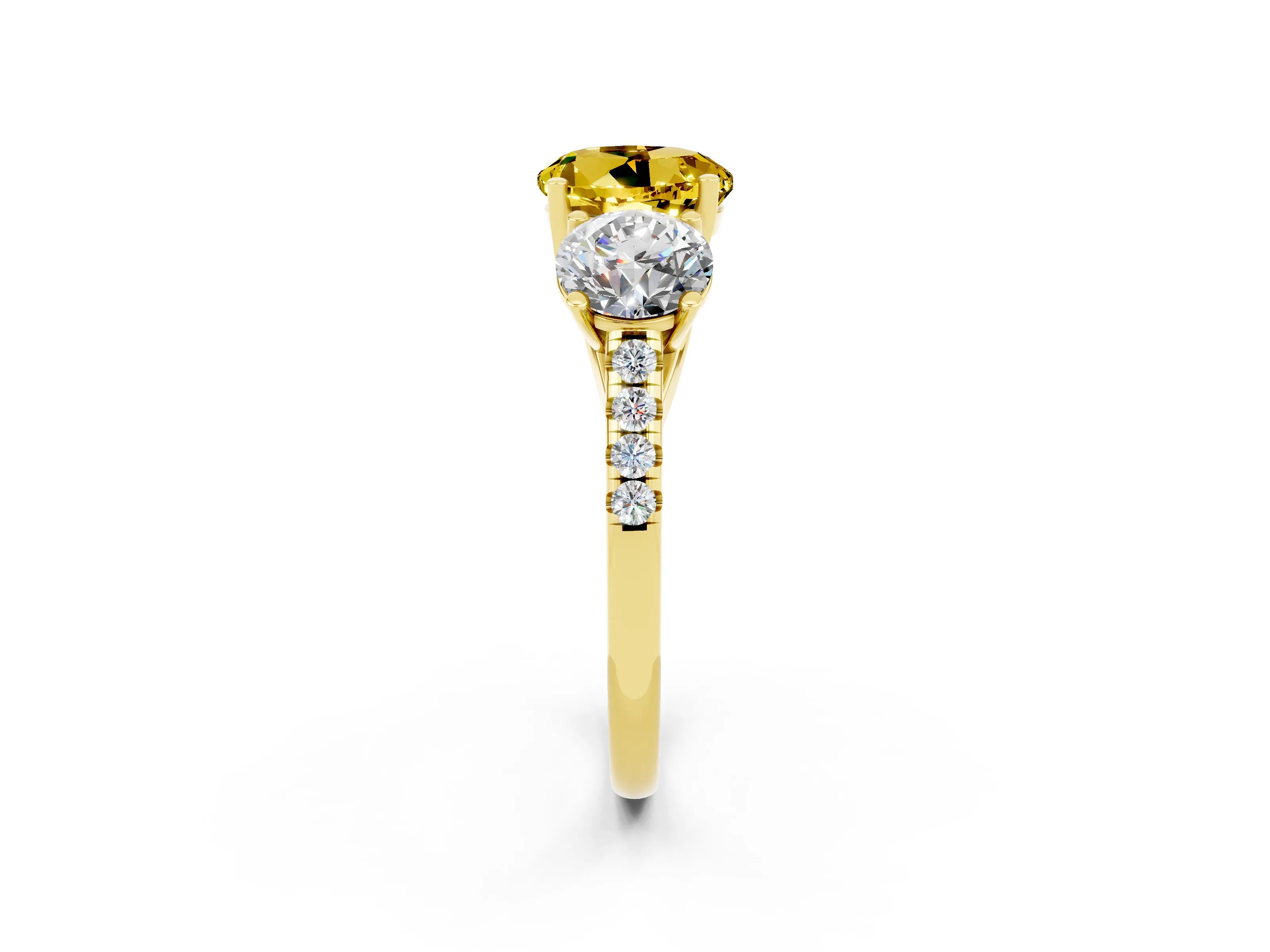 Yellow gold Three-Stone Round Cut Yellow Sapphire Ring with Pavé Band and Prong Setting_38