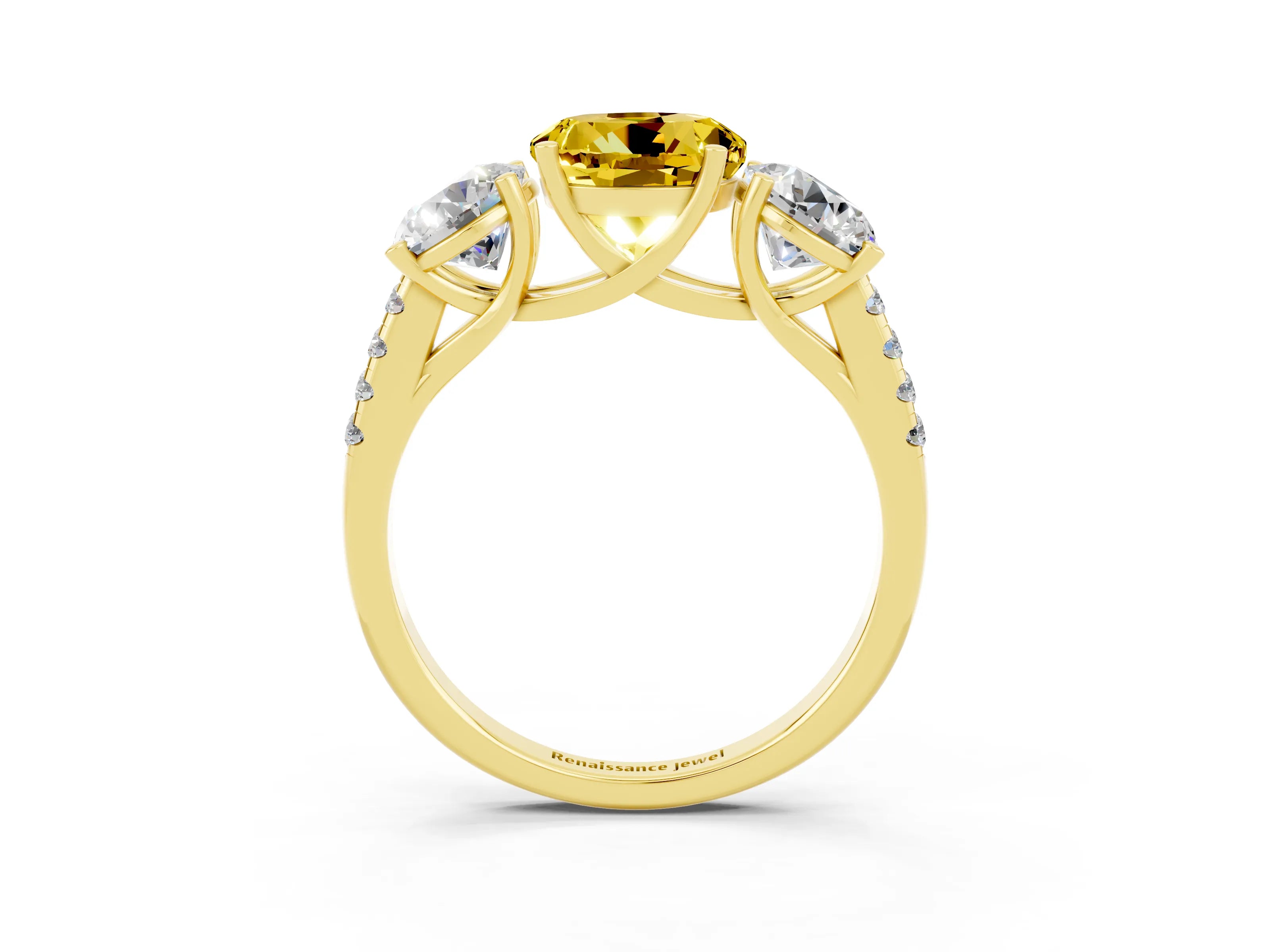 Yellow gold Three-Stone Round Cut Yellow Sapphire Ring with Pavé Band and Prong Setting_39