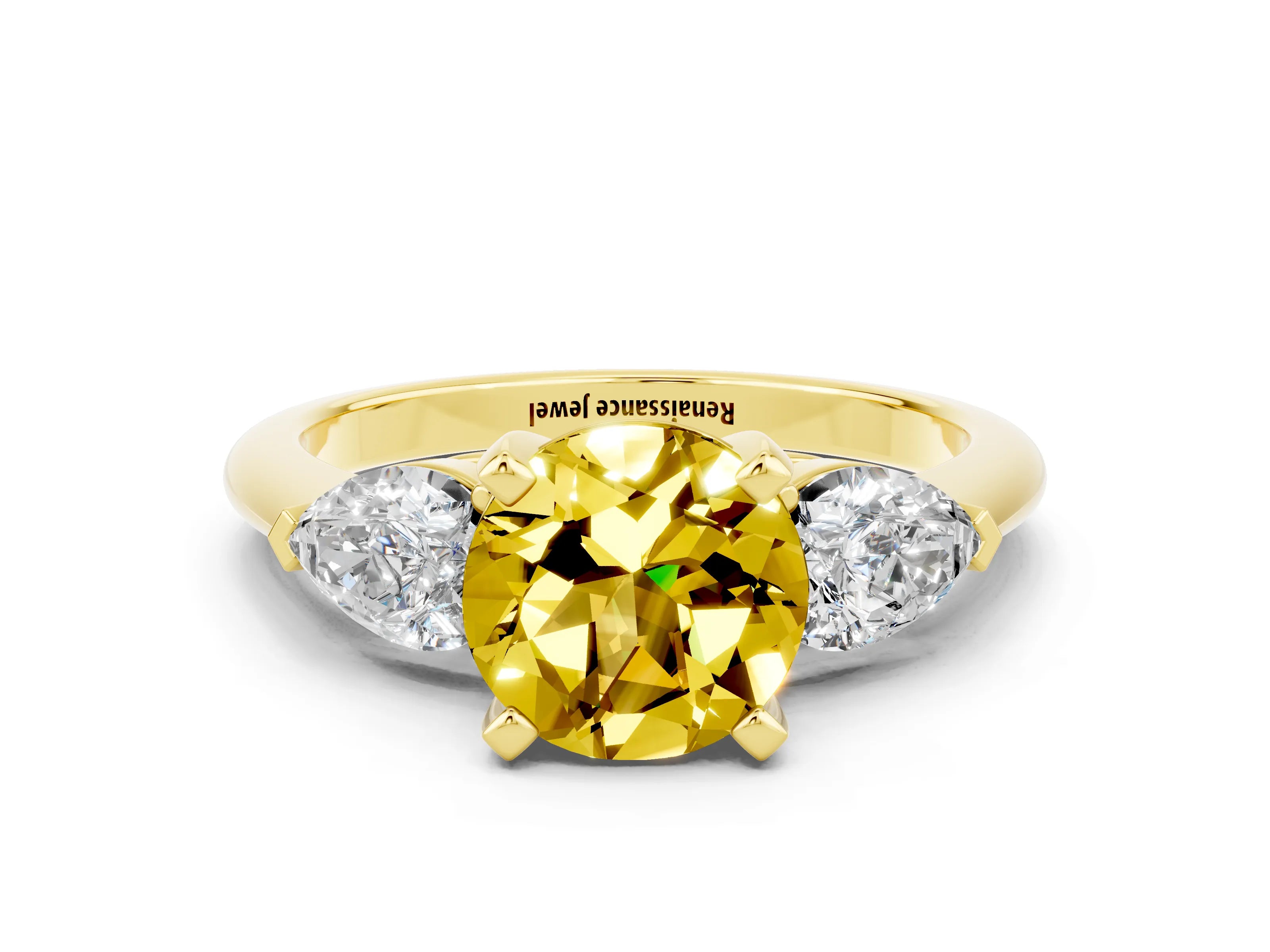 Yellow gold Three-Stone Round Cut Yellow Sapphire Ring with Pear Side Stones and Four-Prong Setting_24