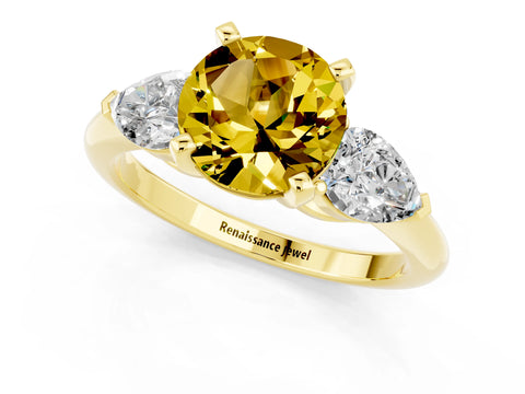 Yellow gold Three-Stone Round Cut Yellow Sapphire Ring with Pear Side Stones and Four-Prong Setting_25