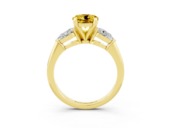 Yellow gold Three-Stone Round Cut Yellow Sapphire Ring with Pear Side Stones and Four-Prong Setting