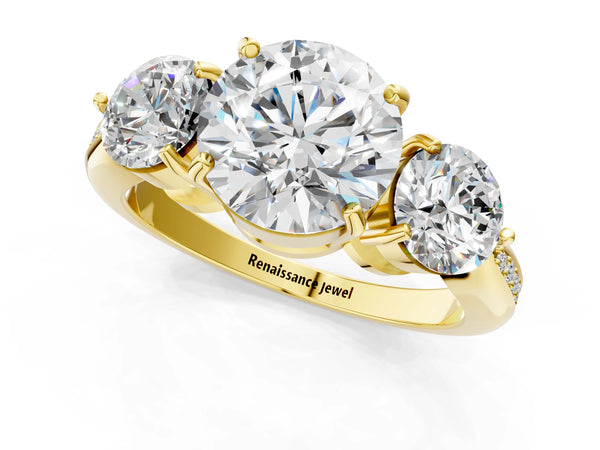 Yellow Gold Round Three Stone Engagement Ring Setting with Tapered Pave Band