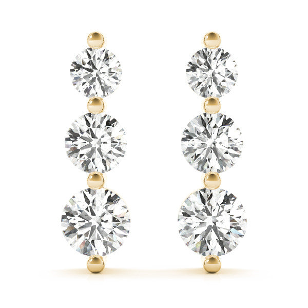 Yellow gold Three-Stone Round Diamond Drop Earrings with Prong Setting on White Gold 2