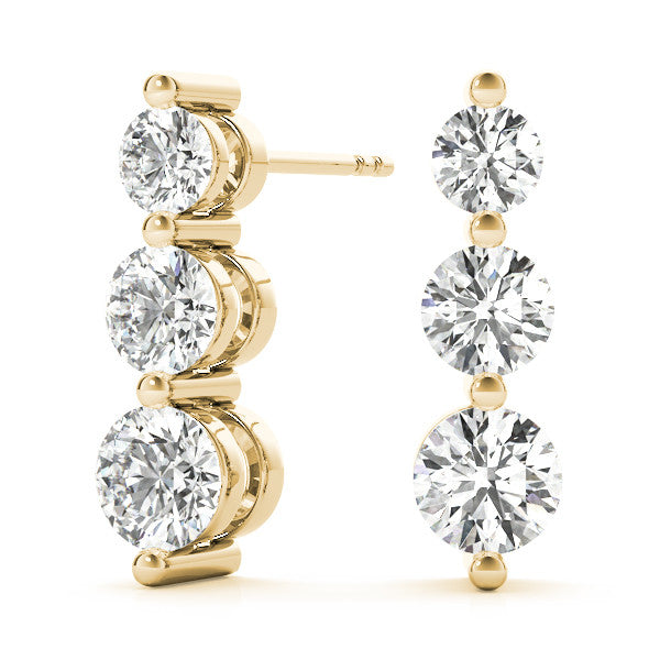 Yellow gold Three-Stone Round Diamond Drop Earrings with Prong Setting on White Gold