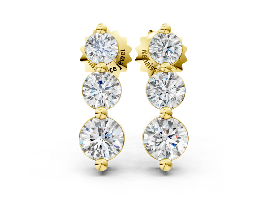 Yellow gold Three-Stone Round Diamond Drop Earrings with Prong Setting on White Gold_15