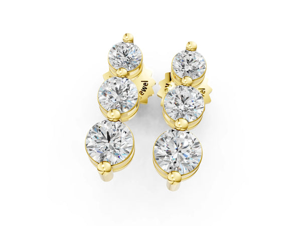 Yellow gold Three-Stone Round Diamond Drop Earrings with Prong Setting on White Gold
