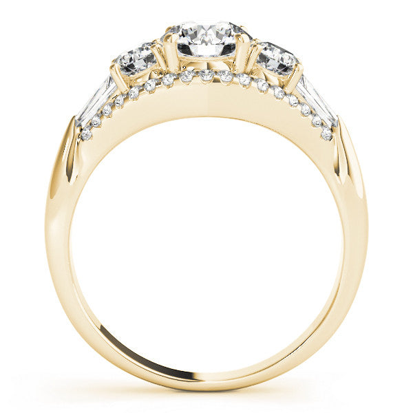 Yellow gold Three-Stone Radiant Cut Diamond Engagement Ring with Pave Band and Prong Setting