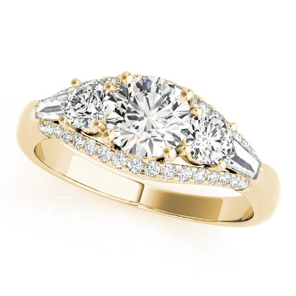 Yellow gold Three-Stone Round Diamond Engagement Ring with Pave Band and Prong Setting