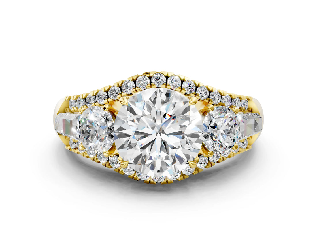 Yellow gold Three-Stone Round Diamond Engagement Ring with Pave Band and Prong Setting_2