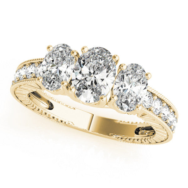 Yellow gold Three-Stone Round Diamond Milgrain Pave Band with Prong Setting 2