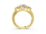 Yellow gold Three-Stone Round Diamond Milgrain Pave Band with Prong Setting 3