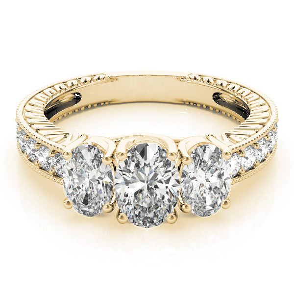 Yellow gold Three-Stone Round Diamond Milgrain Pave Band with Prong Setting