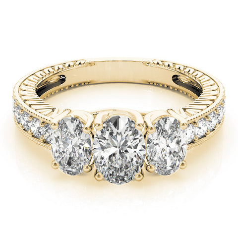 Yellow gold Three-Stone Round Diamond Milgrain Pave Band with Prong Setting