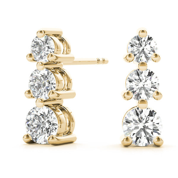 Yellow gold Three-Stone Round Diamond Prong-Set Drop Earrings 2