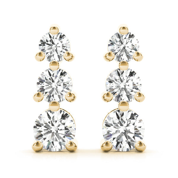 Yellow gold Three-Stone Round Diamond Prong-Set Drop Earrings