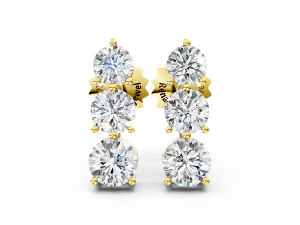 Yellow gold Three-Stone Round Diamond Prong-Set Drop Earrings