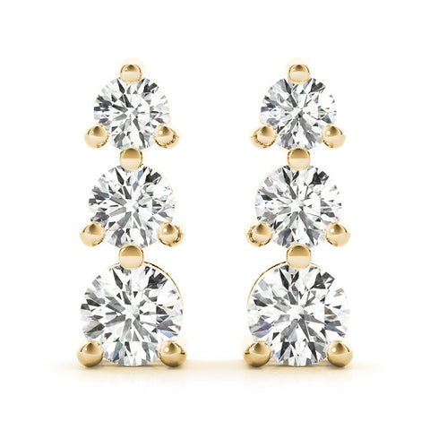 Yellow gold Three-Stone Round Diamond Prong-Set Drop Earrings
