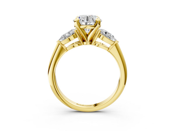 Yellow Gold Round Three Stone Engagement Ring Setting with Large Pear Side Stones