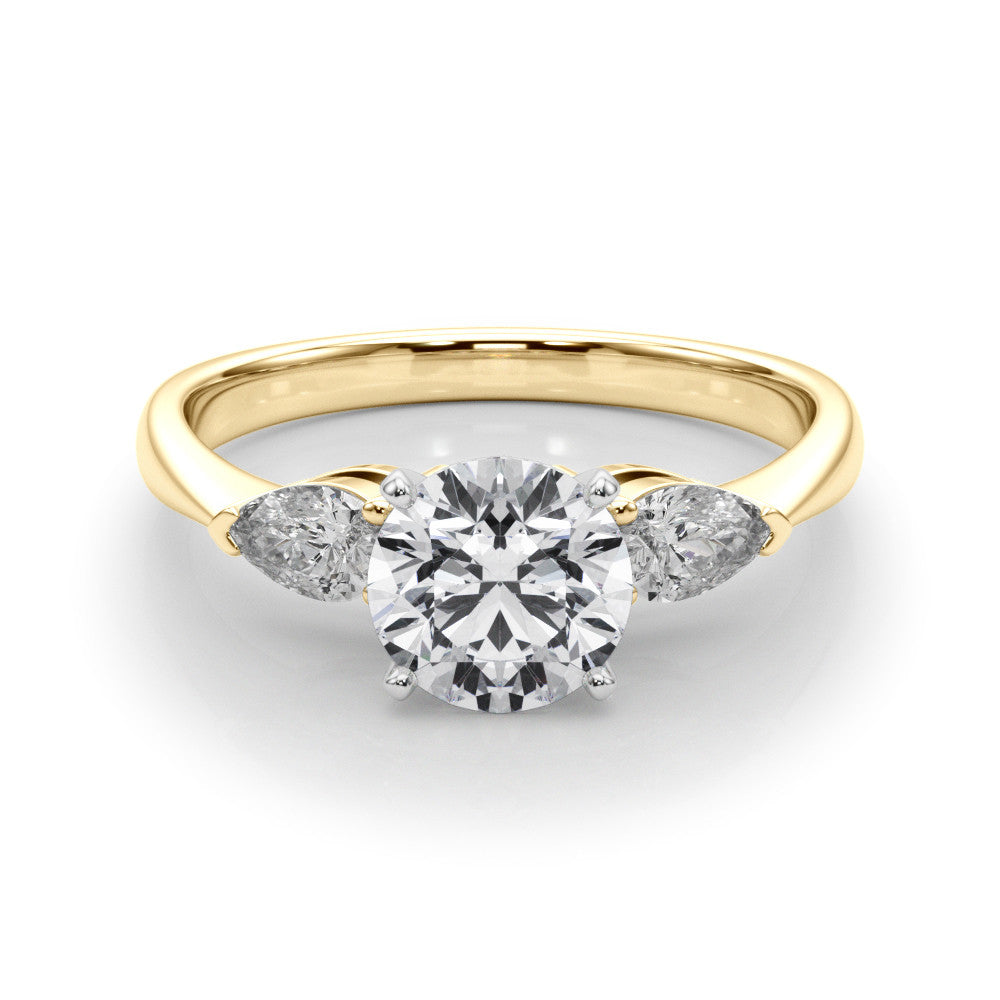 Yellow gold Three-Stone Round Diamond Ring with Pear Side Stones on a Platinum Band with Four-Prong Setting 1
