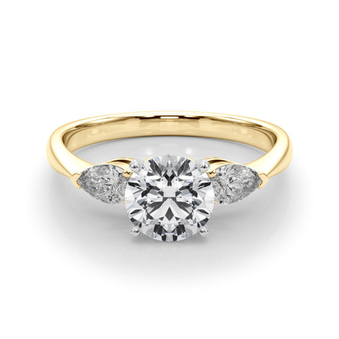 Yellow gold Three-Stone Round Diamond Ring with Pear Side Stones on a Platinum Band with Four-Prong Setting 1