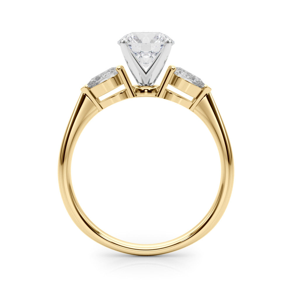 Yellow gold Three-Stone Round Diamond Ring with Pear Side Stones on a Platinum Band with Four-Prong Setting 2