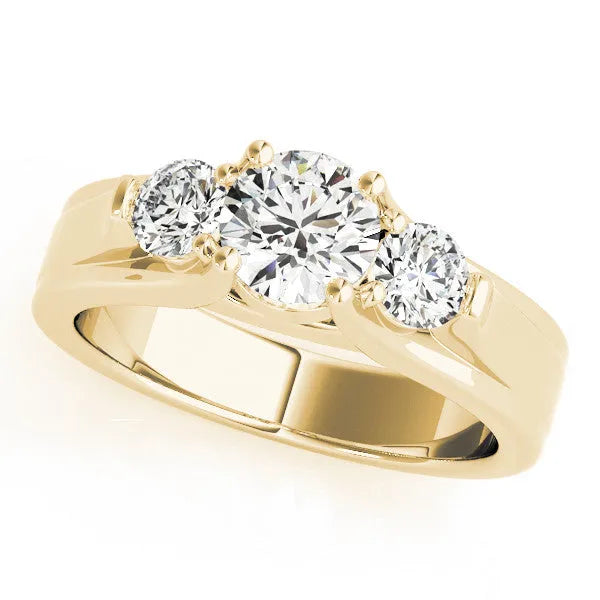 Yellow gold Three-Stone Round Diamond Trellis Engagement Ring with Split Shank Band