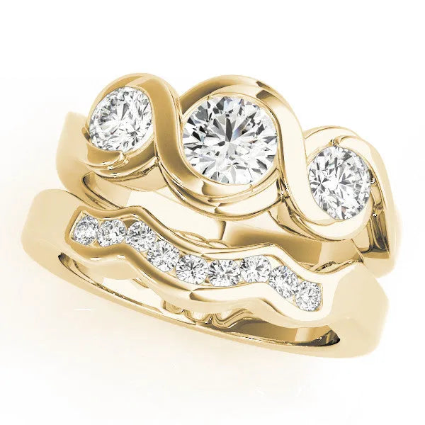 Yellow gold Three-Stone Round Diamond Wave Band with Bezel Setting
