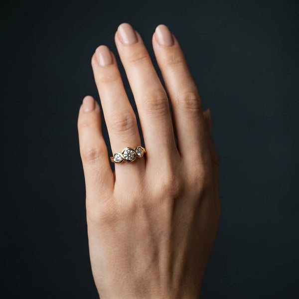 Yellow gold Three-Stone Round Diamond Wave Band with Bezel Setting