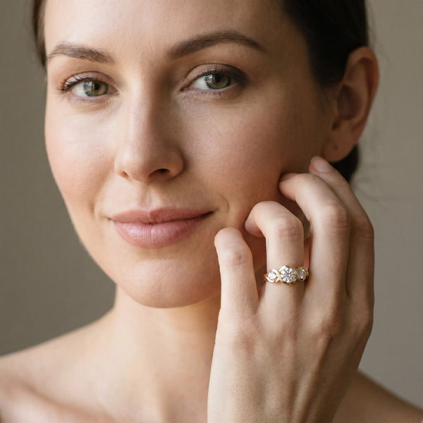 Yellow gold Three-Stone Round Diamond Wave Band with Bezel Setting