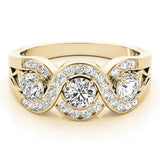 Yellow gold Three-Stone Round Diamond Wave Pave Band with Prong Setting 1