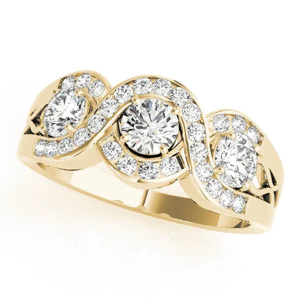 Yellow gold Three-Stone Round Diamond Wave Pave Band with Prong Setting