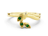 Yellow gold Three-Stone Round Emerald Leaf Bypass Ring with Bezel Setting_6