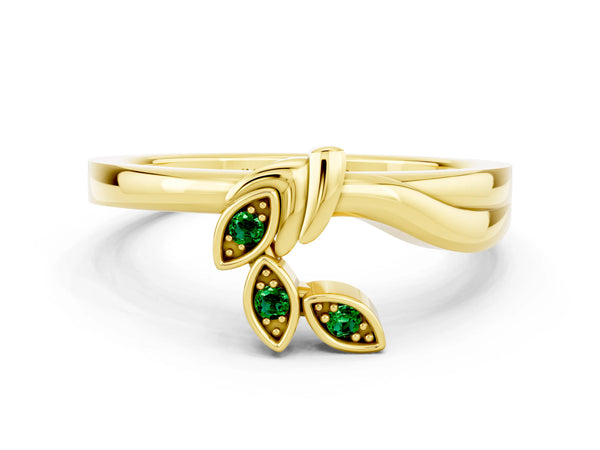 Yellow Gold Round Lab-Grown Emerald Three Stone Leaf Bypass Wedding Band with Ribbed Wrap